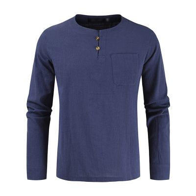 Men's Cotton Linen Button Down Solid Shirt Casual Stylish Long Sleeve Henley Shirt Business Beach Dress Shirts (3X-Large,Dark Blue)