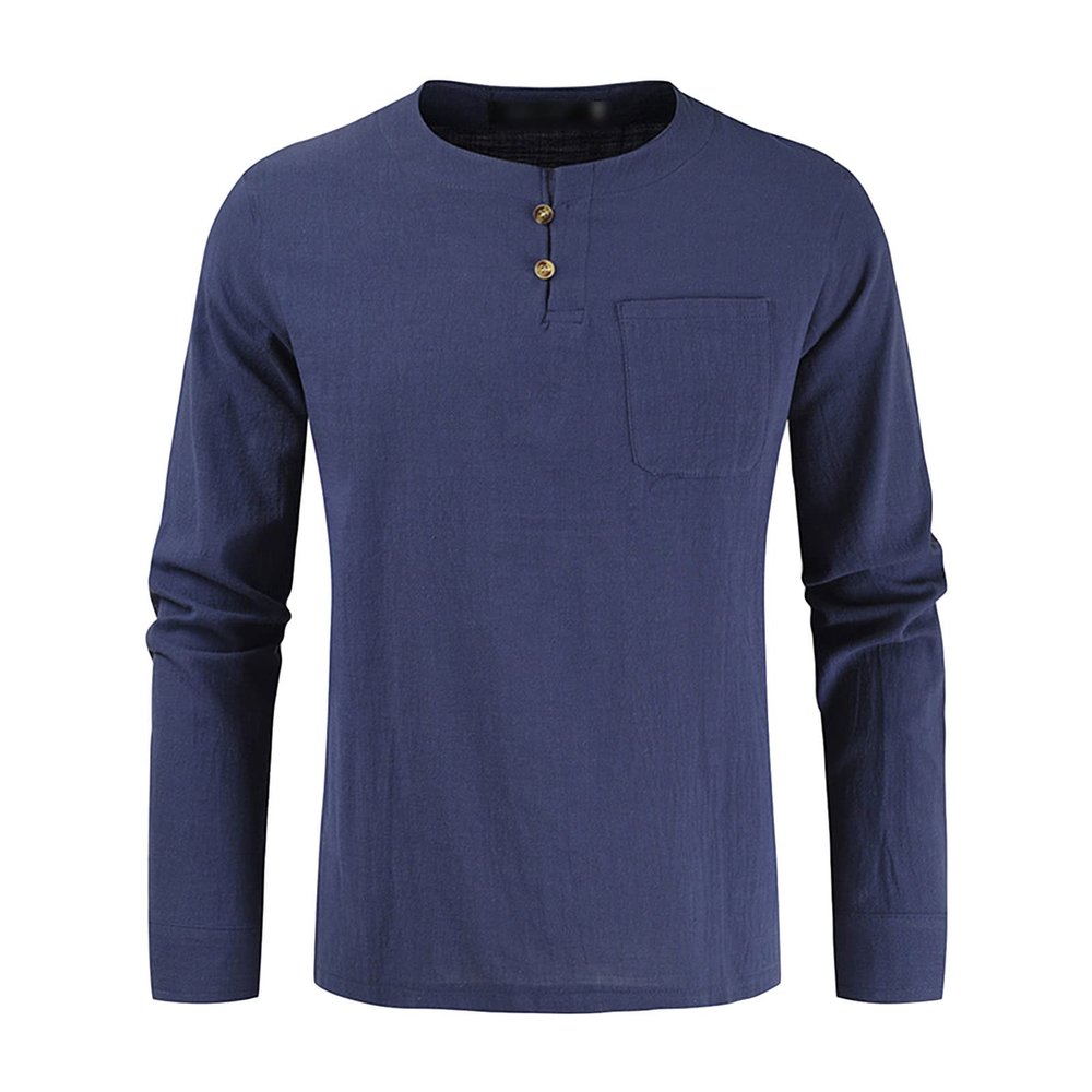 Men's Cotton Linen Button Down Solid Shirt Casual Stylish Long Sleeve Henley Shirt Business Beach Dress Shirts (3X-Large,Dark Blue)