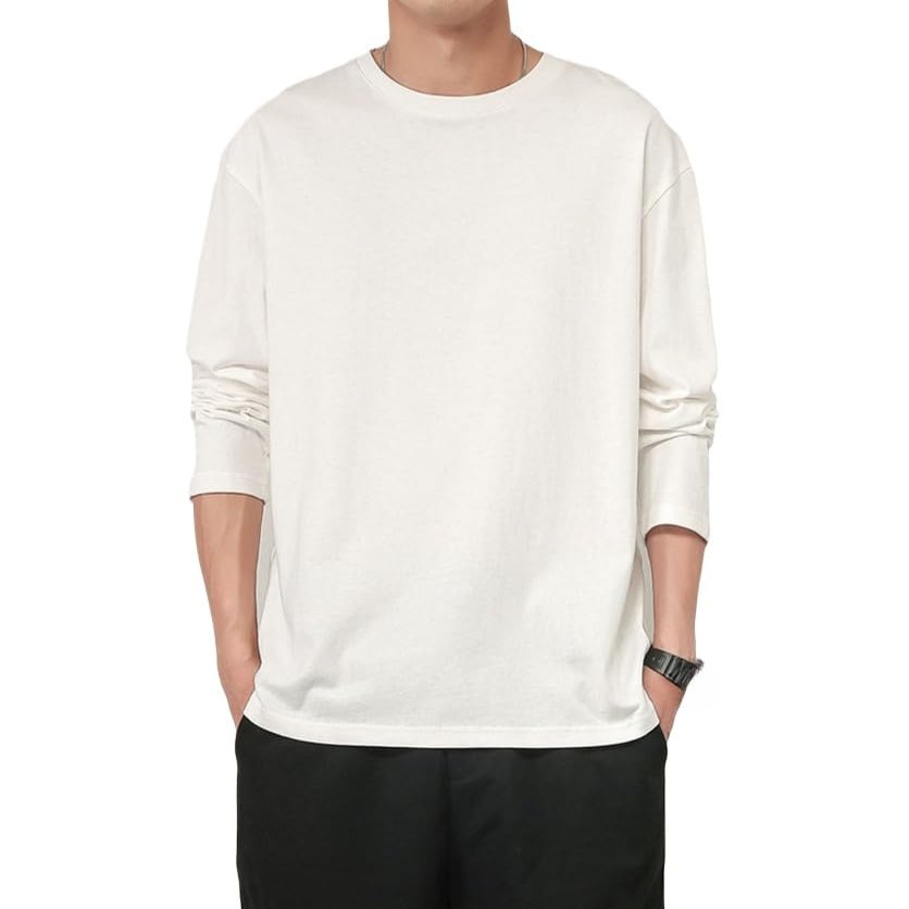 Men's Crew Neck Long Sleeve Shirt Fashion Loose Fit Solid Henley T-Shirt Workout Athletic Lightweight Sweatshirt (Medium,White)