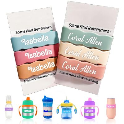 3 Piece Personalized Water Bottle Labels, Customized Silicone Baby Bottle & Sippy Cup Bands, Non-Slip Elastic Reusable, Personalized Gift for Boys, Girls, Summer Camps, Baby Shower Gifts (Wave)
