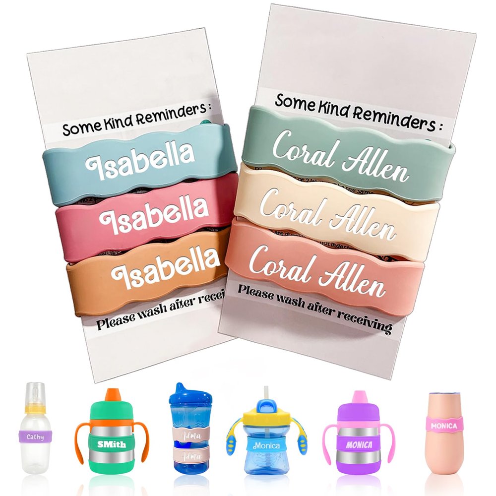 3 Piece Personalized Water Bottle Labels, Customized Silicone Baby Bottle & Sippy Cup Bands, Non-Slip Elastic Reusable, Personalized Gift for Boys, Girls, Summer Camps, Baby Shower Gifts (Wave)
