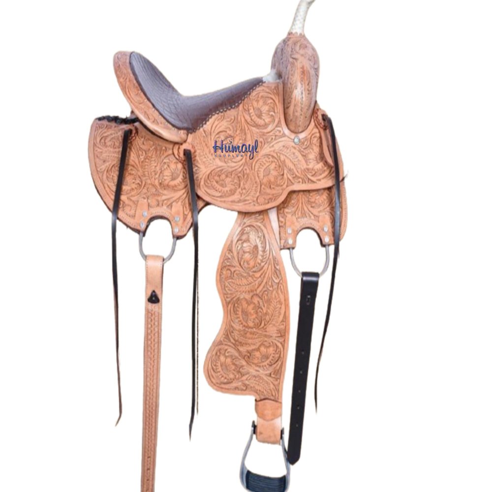HUMAYL Saddlery Handmade Premium Leather Comfort Western Barrel Racing Saddles for Horses Trail Equestrian Tooled Carved Horse Saddle Size: 10"-18" inches Seat Available MO09 (14" inches Seat)