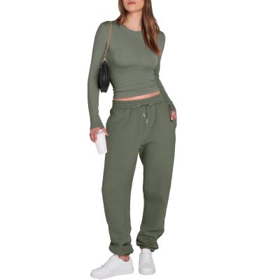 Fall Sets Women 2 Piece Outfits Crewneck Long Sleeve Slim Fit Cropped Tops Jogger Sets High Waisted Drawstring Fleece Baggy Sweatpants Sweat Outfits Athletic Clothing Sets Tracksuit Two Piece Sets