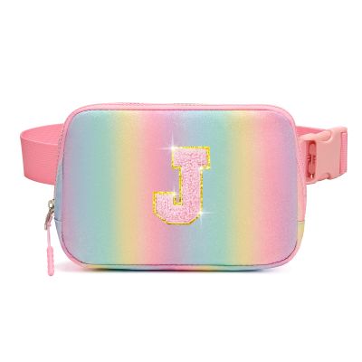 cotmcor Birthday Gifts for 5 6 7 8 9 10 11 12 Year Old Girl Teens Kids, Glitter Initial Fanny Pack for Girls, Personalized Belt Crossbody Bag, Valentines Christmas Gift Trendy Stuff, Rainbow J