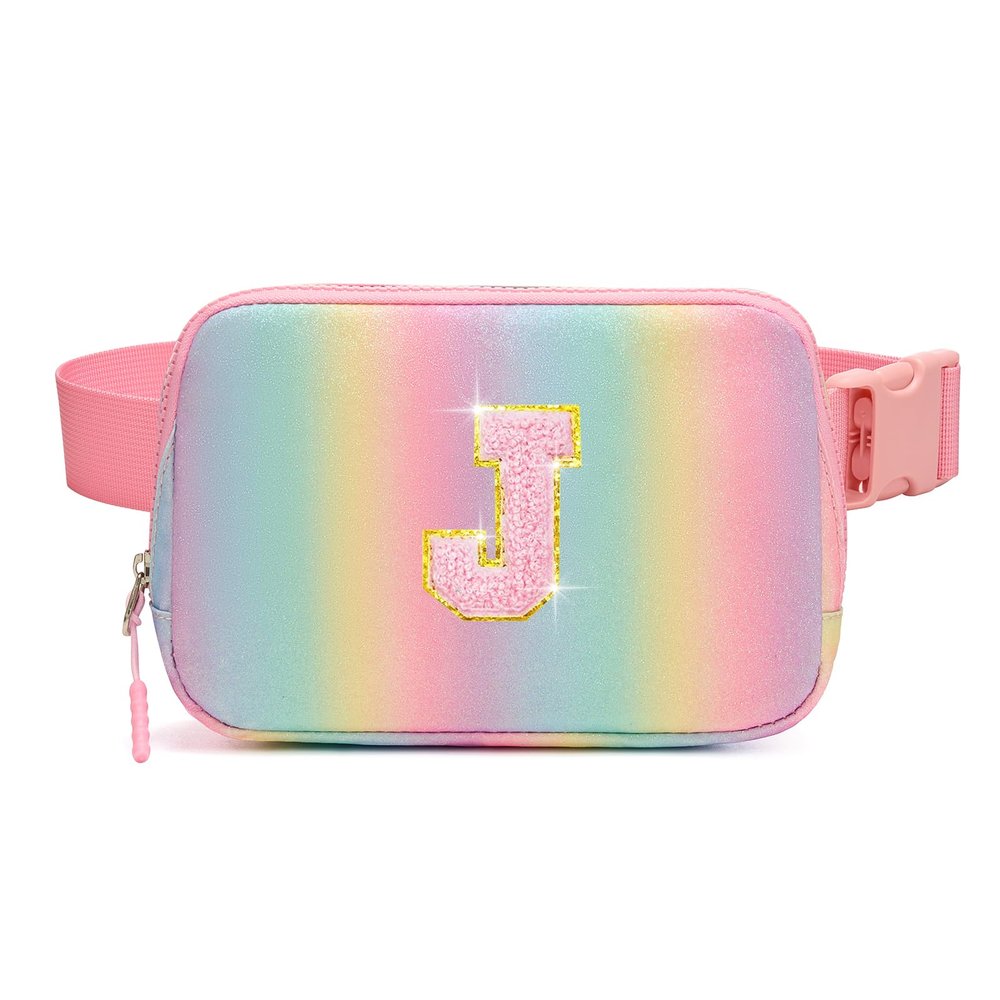 cotmcor Birthday Gifts for 5 6 7 8 9 10 11 12 Year Old Girl Teens Kids, Glitter Initial Fanny Pack for Girls, Personalized Belt Crossbody Bag, Valentines Christmas Gift Trendy Stuff, Rainbow J