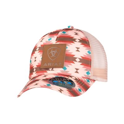 Ariat Youth Girls Southwestern Print Leather Patch Ponytail Cap, Pink, One Size