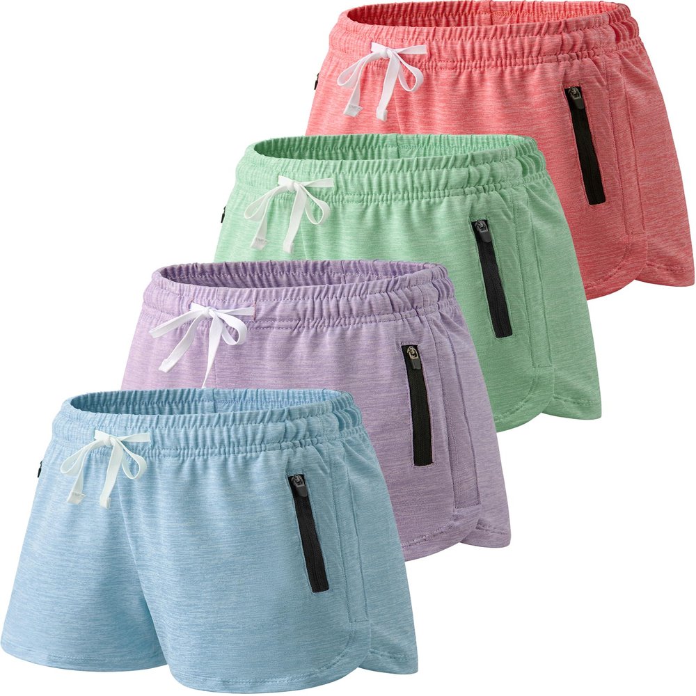 4 Pack Youth Girls Athletic Shorts 3", Girls Soccer Shorts, Kids Workout Gym Clothes Activewear Apparel with Zipper Pockets (Set 7, Small)