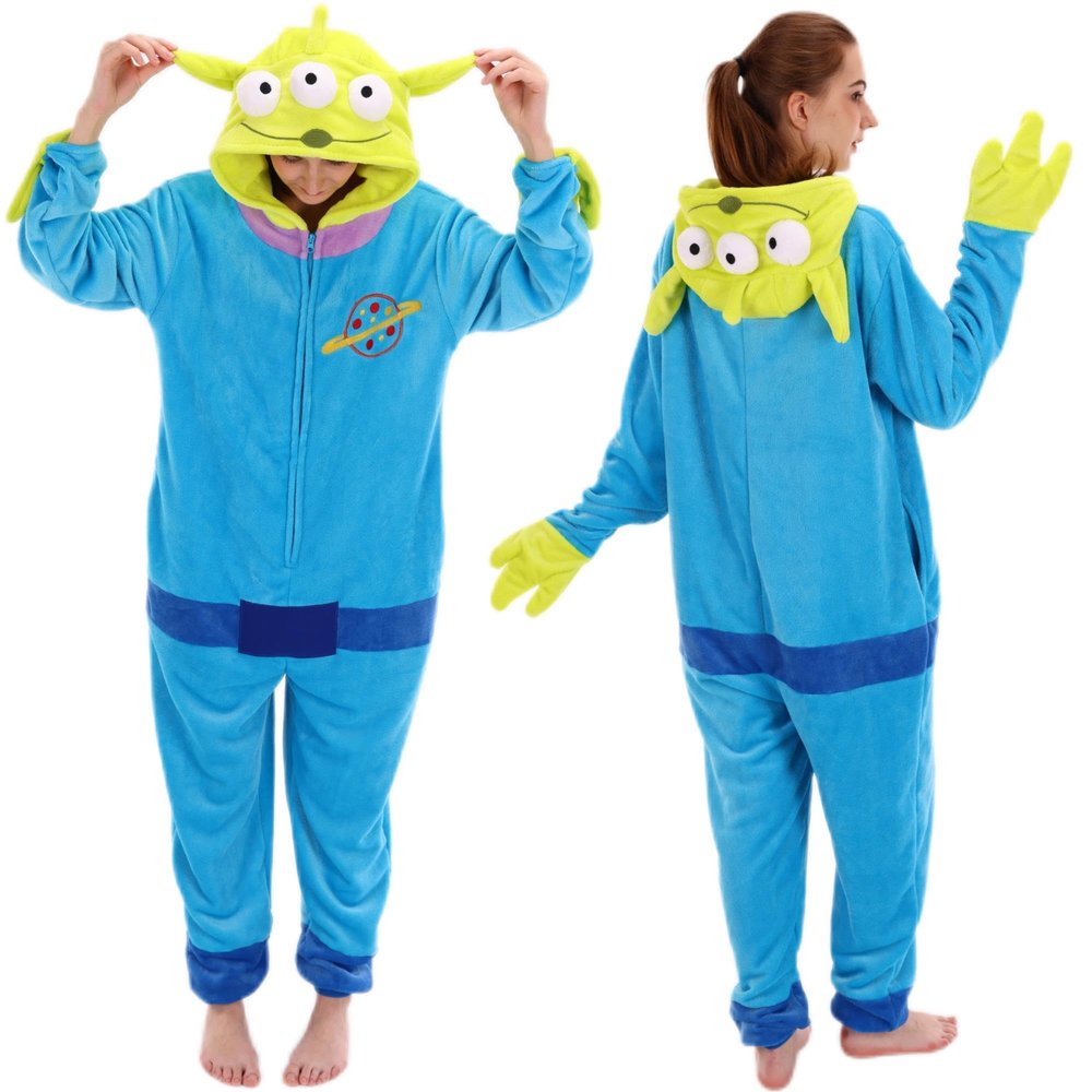 COSUSKET Fitted Unisex Adult Aliens Onesie Pajamas, Halloween Flannel Women's Cosplay One Piece Costume Green/Blue