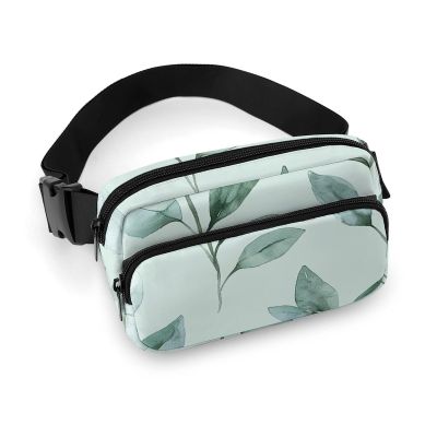 Crossbody Fanny Pack for Women Men Green Leaves Pattern Waist Pack Sports Belt Bag Large Waist Bag with Adjustable Strap Fashion Hip Bum Bag for Workout Running Traveling
