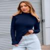 Abardsion Women's Long Sleeve Mock Turtleneck Shirts 2025 Fleece Lined Base Layer Slim Fit Thermal Underwear Tops (Navy Blue, XS) view 3