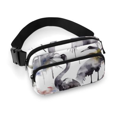 Crossbody Fanny Pack for Women Men Black And White Crane Pattern Waist Pack Sports Belt Bag Large Waist Bag with Adjustable Strap Fashion Hip Bum Bag for Workout Running Traveling