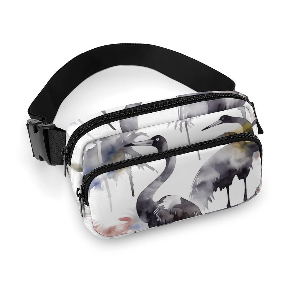 Crossbody Fanny Pack for Women Men Black And White Crane Pattern Waist Pack Sports Belt Bag Large Waist Bag with Adjustable Strap Fashion Hip Bum Bag for Workout Running Traveling