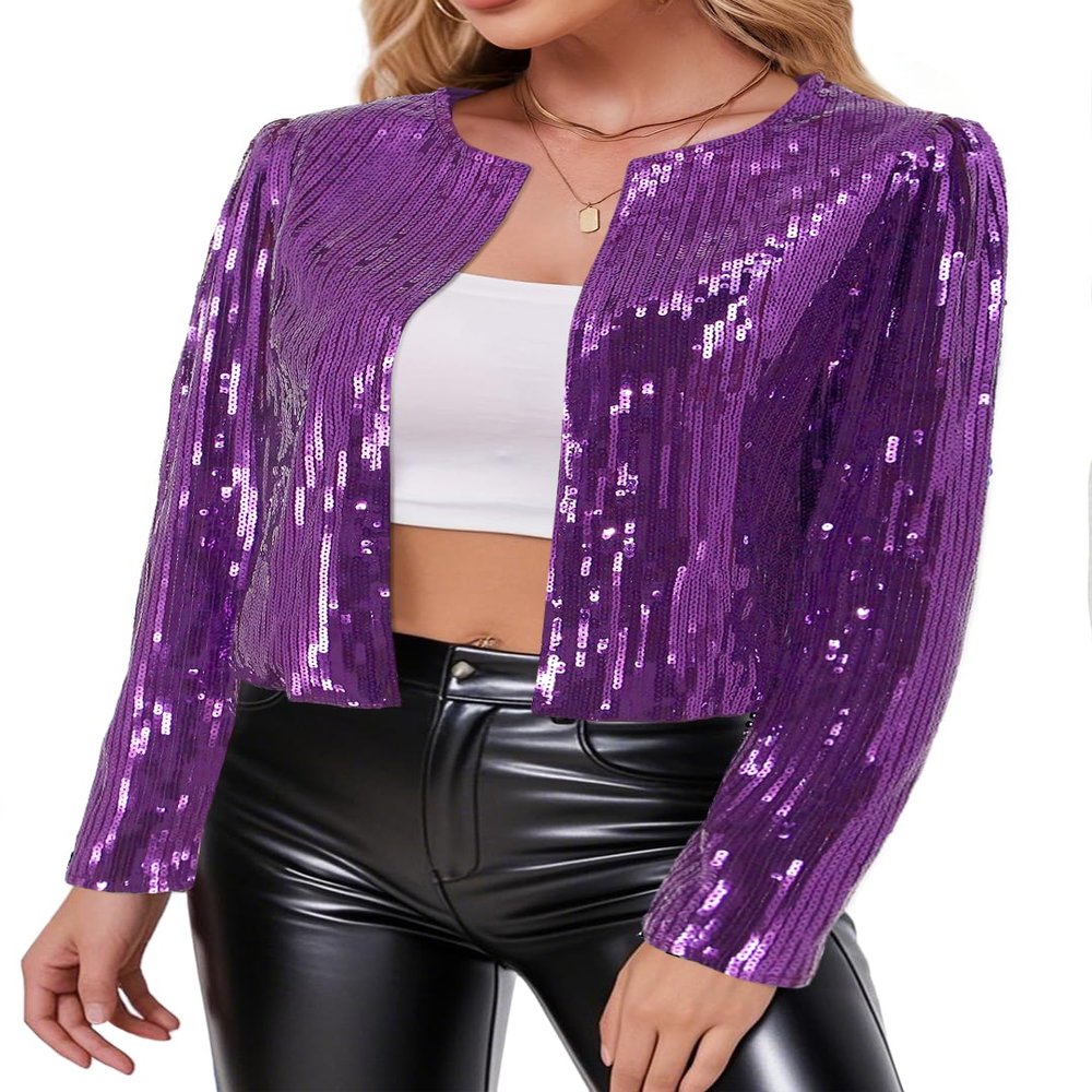TYNORA Womens Sequin Jackets Long Sleeve Open Front Coat Glitter Short Blazer Casual Coat Party Club Purpke XXL Purple