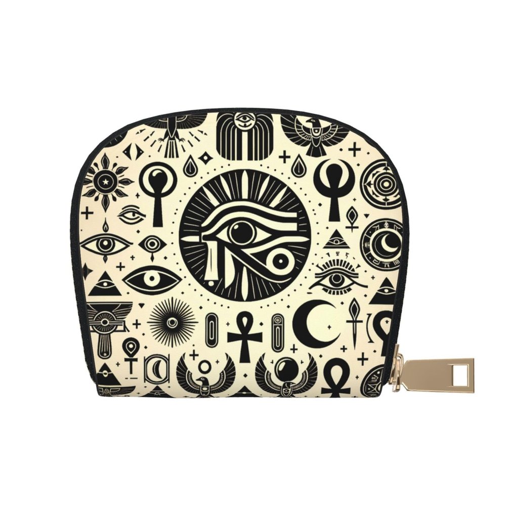 Augenstern Portable Horus-Eye-Pyramid-Moon Pu Leather Card Holder, Waterproof Semi-Circle Wallet With Zipper Closure