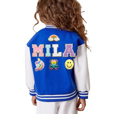 Personalized Kids Varsity Jacket Girls Boys Toddles Name Patch Baseball Jackets for Back To School Birthday Christmas, 3-4T(110cm), Blue