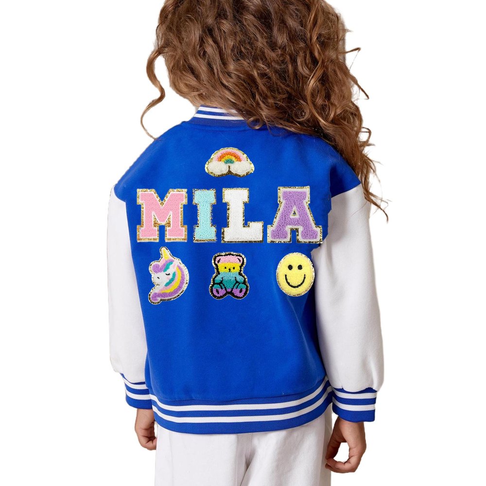 Personalized Kids Varsity Jacket Girls Boys Toddles Name Patch Baseball Jackets for Back To School Birthday Christmas, 3-4T(110cm), Blue