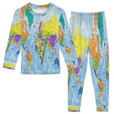 ALAZA World Map Blue 2 Piece Pajama Set Long Sleeve Top and Pants Sleepwear Unisex 8Y