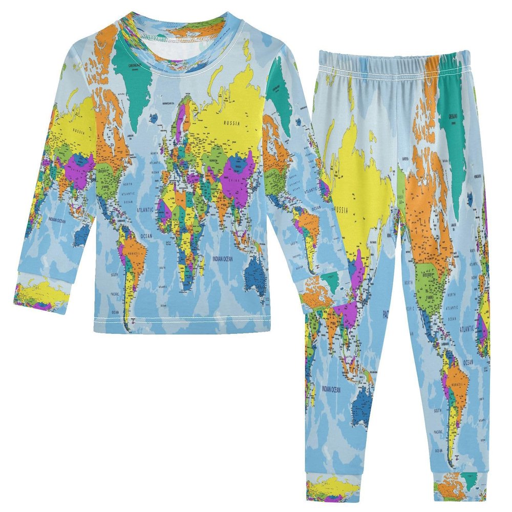 ALAZA World Map Blue 2 Piece Pajama Set Long Sleeve Top and Pants Sleepwear Unisex 8Y