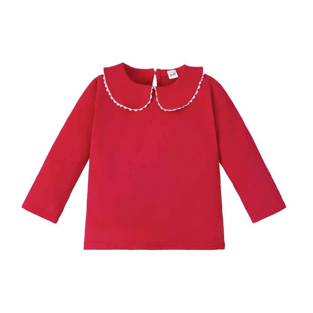 LYSMuch Toddler Baby Girl Long Sleeve Collar Shirt Peter Pan Blouse Lace Undershirt Top Solid Color Clothes5-6T, Red