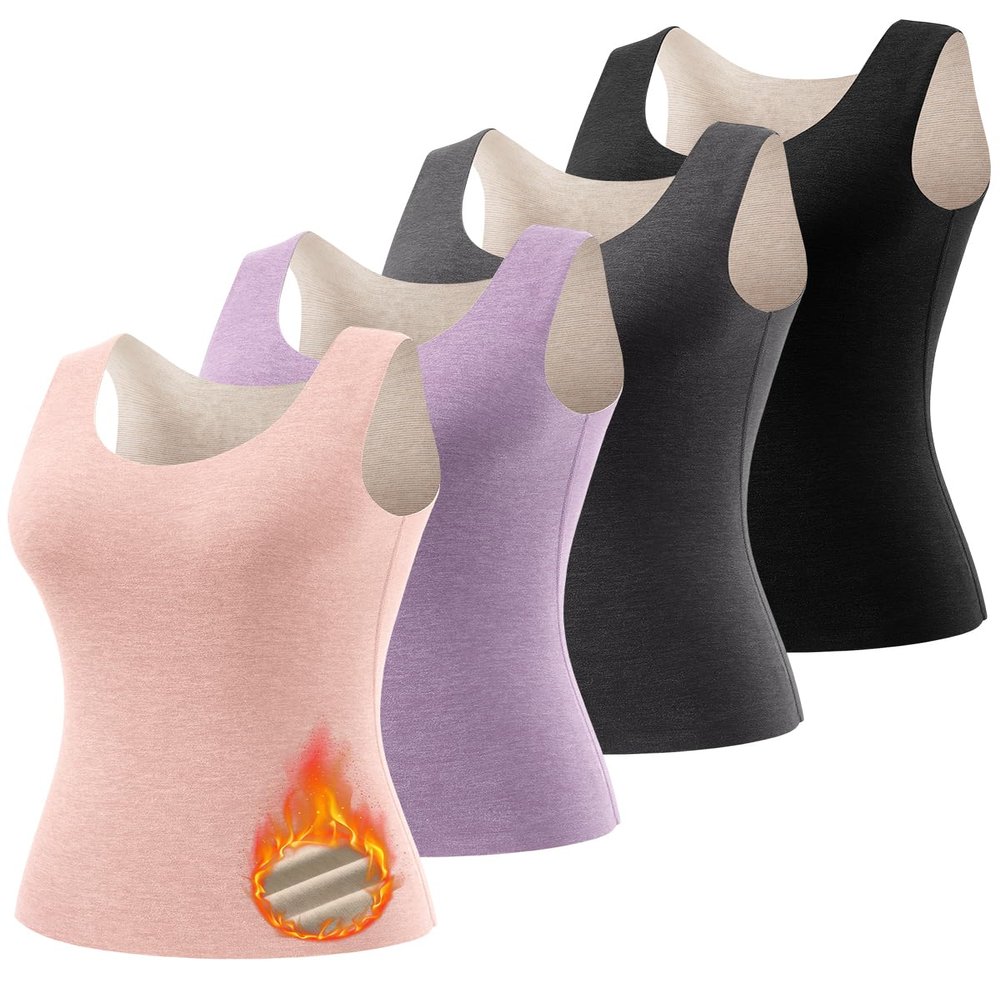 ATTIQOZI Women's Fleece Lined Thermals Underwear Tops Base Layer Tank Top Vest for Cold Weather 4,5Pairs Black/Gray/Purple/Pink S
