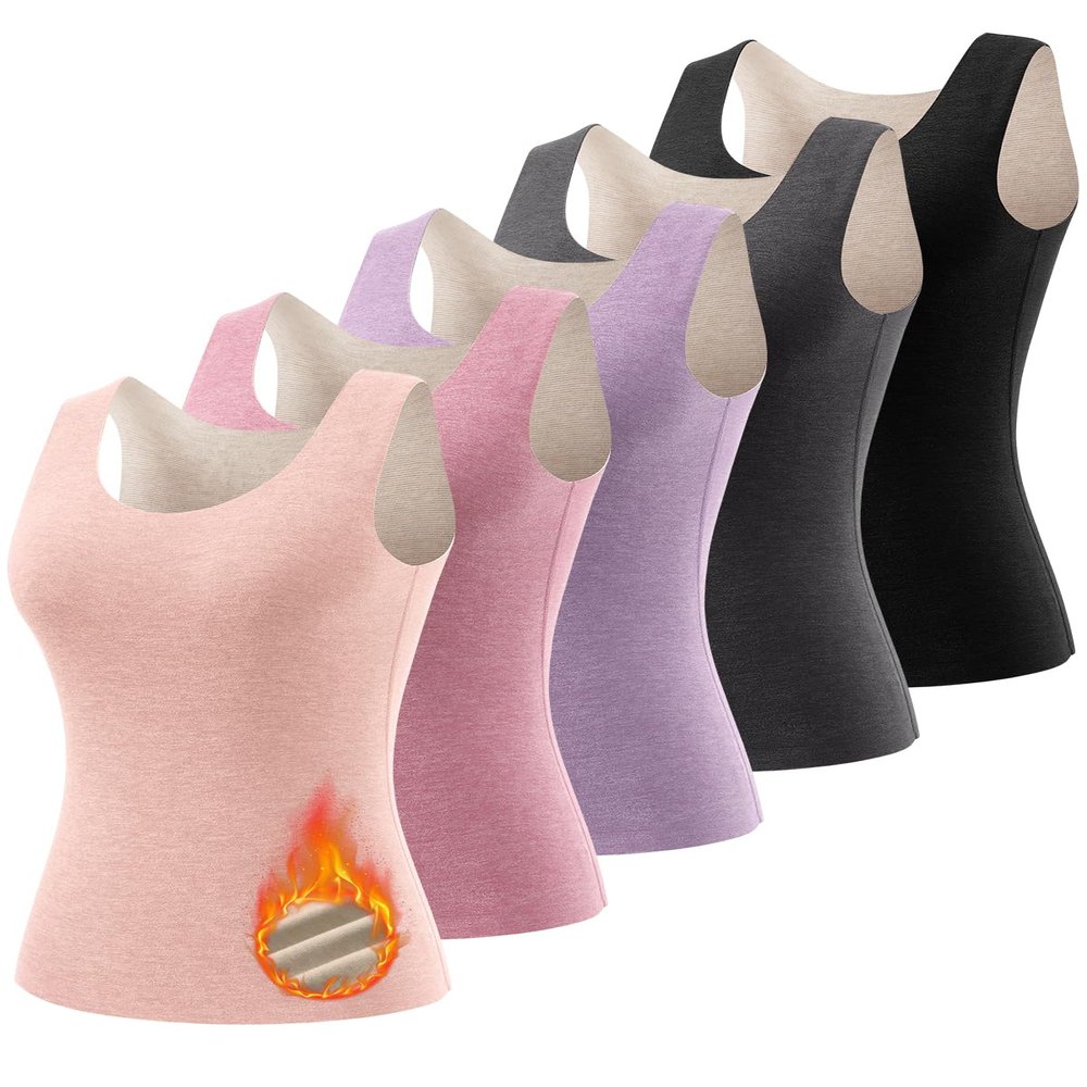 ATTIQOZI Women's Fleece Lined Thermals Underwear Tops Base Layer Tank Top Vest for Cold Weather 4,5Pairs Black/Gray/Purple/Red/Pink L
