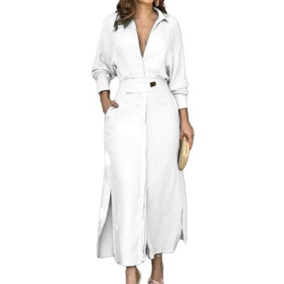 Linen Dress,Women's Long Sleeve Button Down Shirt Dress,Flowy Casual Tunic Shift Slit Maxi Shirt with Pockets (White,3XL)