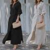 Linen Dress,Women's Long Sleeve Button Down Shirt Dress,Flowy Casual Tunic Shift Slit Maxi Shirt with Pockets (White,3XL) view 2