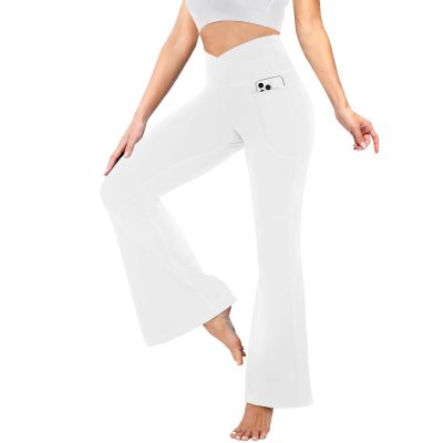YOLIX Flare Leggings for Women with Pockets - Crossover High Waisted Black Flared Leggings for Yoga Gym Workout