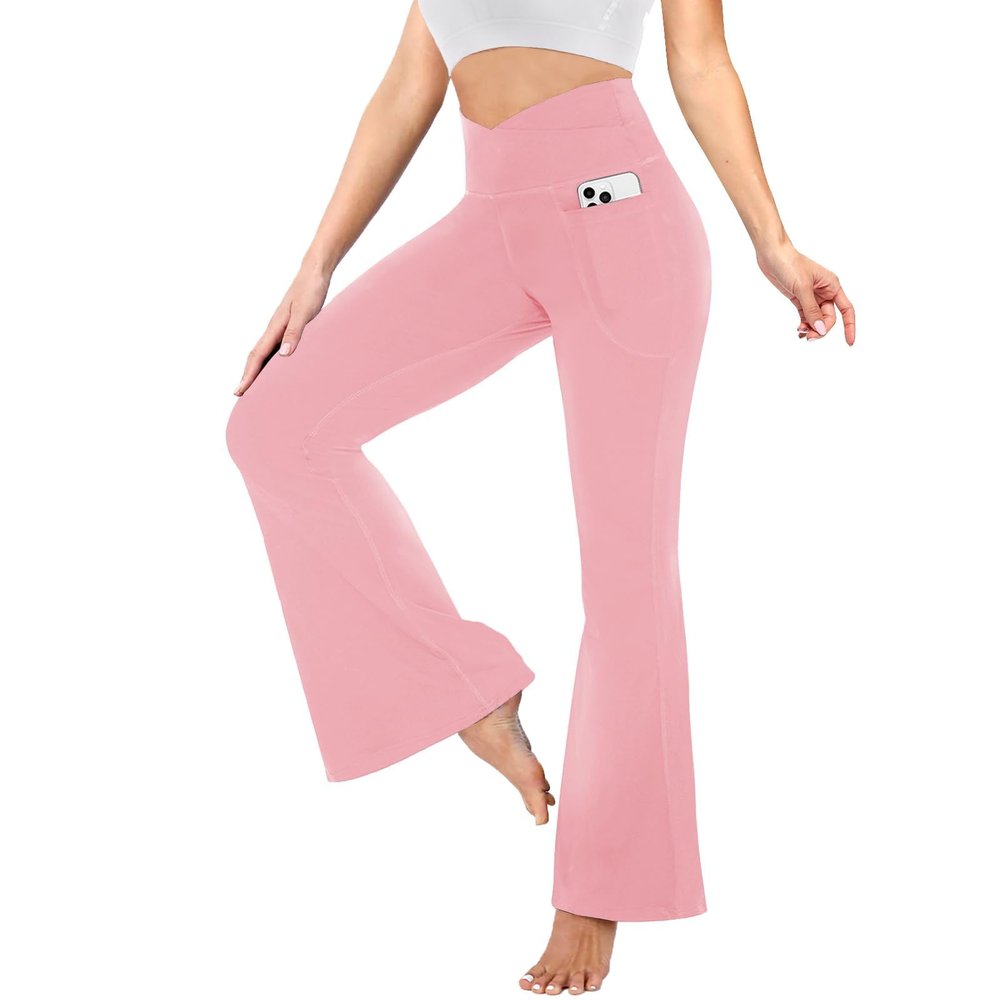 YOLIX Flare Leggings for Women with Pockets - Crossover High Waisted Black Flared Leggings for Yoga Gym Workout