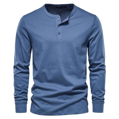 Men Long Sleeve Cotton Henley Shirs Lightweight Casual Soild Button Basic T Shirts Fashion Slim Fit Pullover Top (Medium,Blue 1)