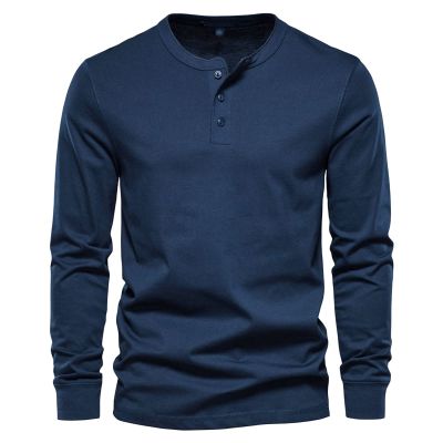 Men Long Sleeve Cotton Henley Shirs Lightweight Casual Soild Button Basic T Shirts Fashion Slim Fit Pullover Top (Medium,Blue 2)