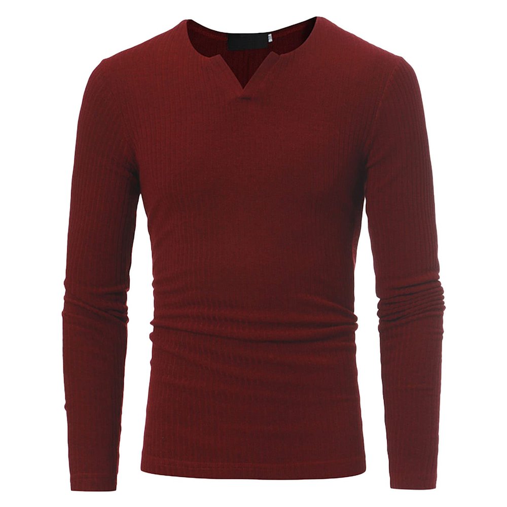 Mens Ribbed Henley T-Shirts Casual Slim Fit Long Sleeve V-Neck Muscle Shirts Lightweight Pullover Sweater (Large,Red)