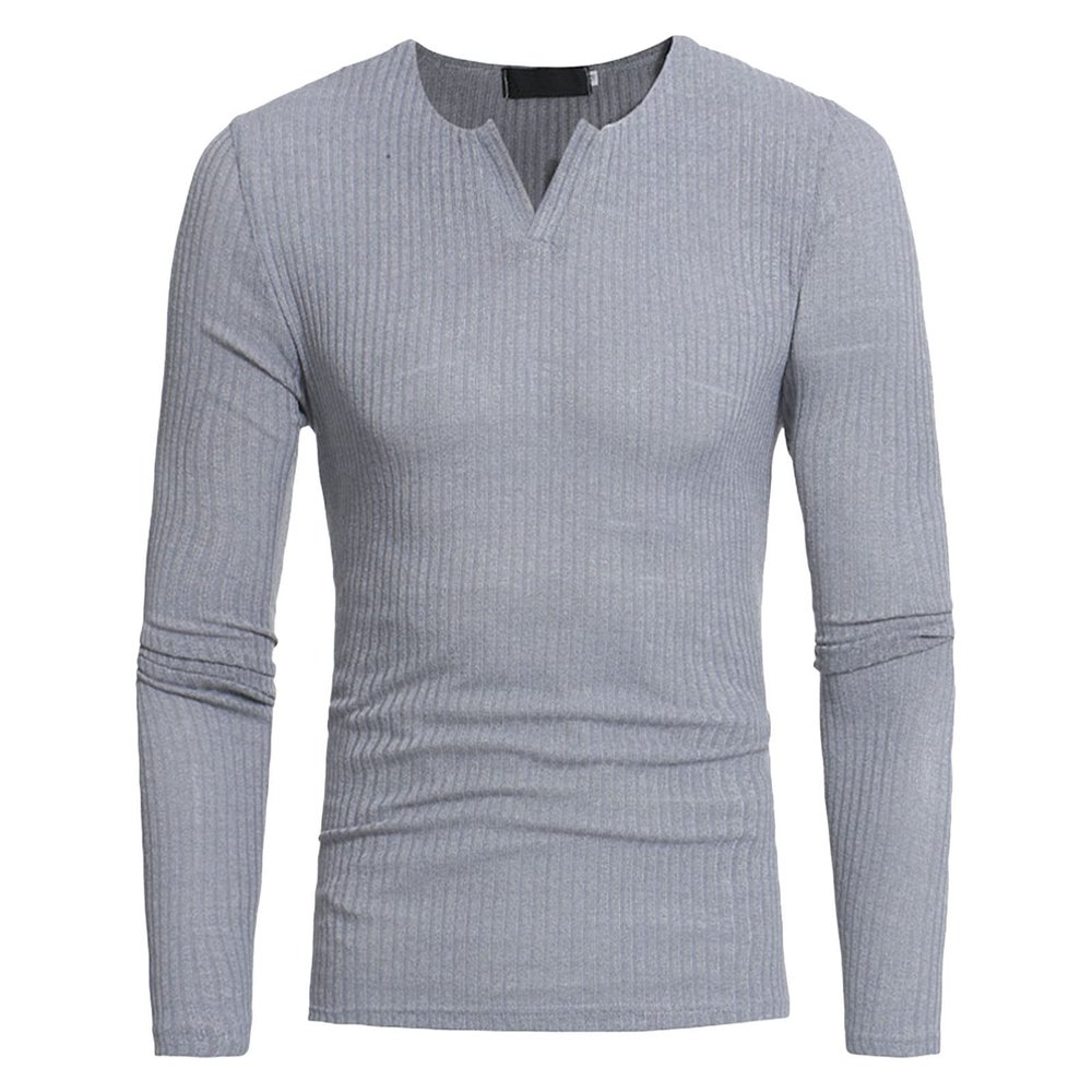 Mens Ribbed Henley T-Shirts Casual Slim Fit Long Sleeve V-Neck Muscle Shirts Lightweight Pullover Sweater (Medium,Grey)