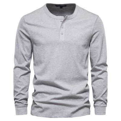 Men Long Sleeve Cotton Henley Shirs Lightweight Casual Soild Button Basic T Shirts Fashion Slim Fit Pullover Top (Medium,Light Grey)