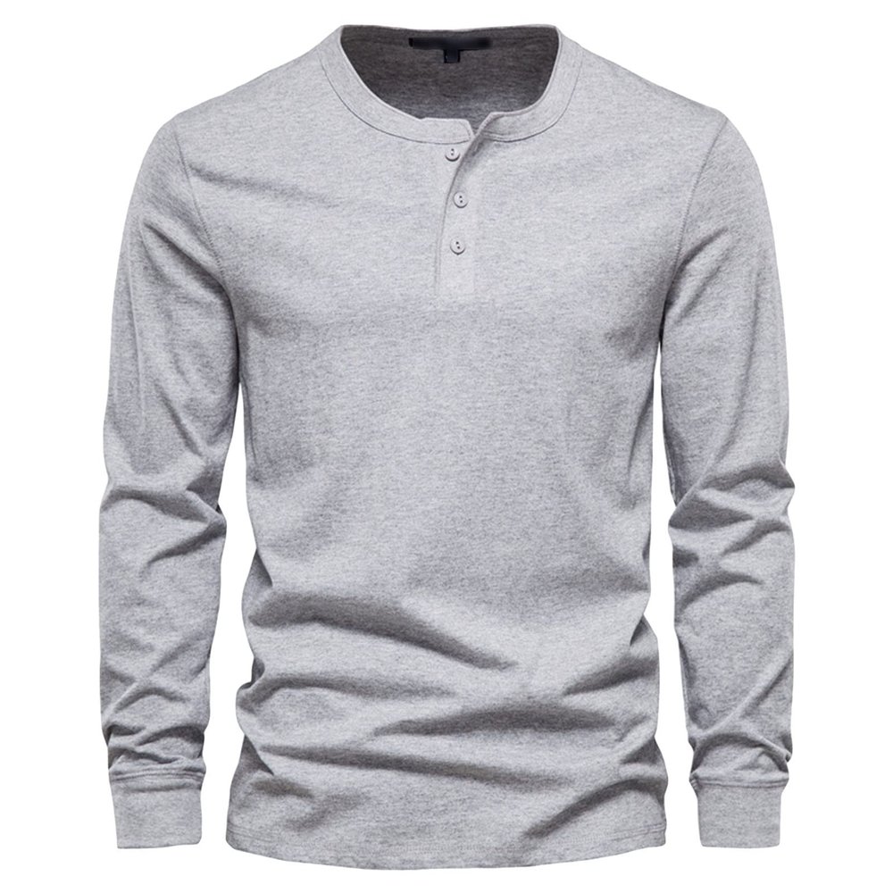 Men Long Sleeve Cotton Henley Shirs Lightweight Casual Soild Button Basic T Shirts Fashion Slim Fit Pullover Top (Medium,Light Grey)