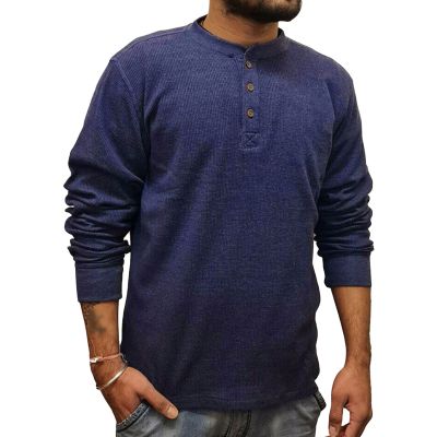 Men Waffle Thermal Henley Shirt Fashion 3-Button Long Sleeve Shirts Casual Pullover Athletic Tee Shirts (Large,Dark Blue)