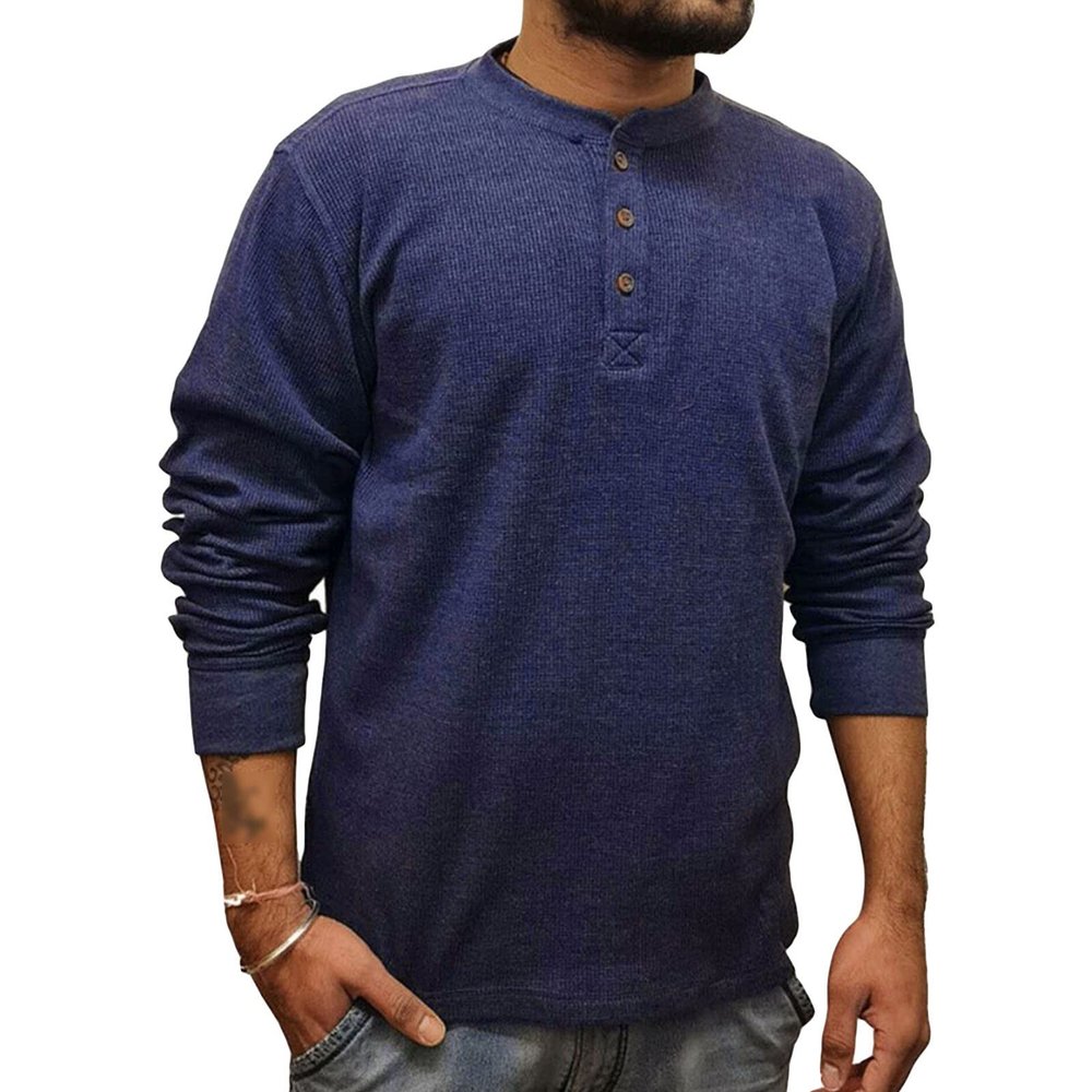 Men Waffle Thermal Henley Shirt Fashion 3-Button Long Sleeve Shirts Casual Pullover Athletic Tee Shirts (Large,Dark Blue)