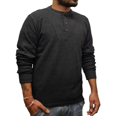Men Waffle Thermal Henley Shirt Fashion 3-Button Long Sleeve Shirts Casual Pullover Athletic Tee Shirts (Large,Black)