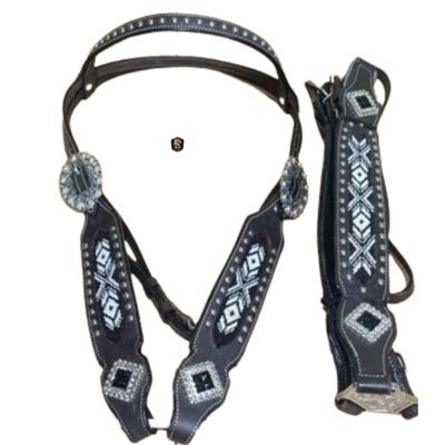 AD Saddlery Western Premium Leather Equestrian Trail Set Accessories Hand Beaded Carved Tooled Headstall, Breast Collar & Reins Comfortable for Horse Riding and Training Size: Full - Cob ADH02 (Full)