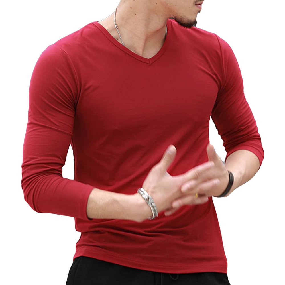 Mens V-Neck Long Sleeve T-Shirts Slim Fit Casual Thermal Workout Shirts Lightweight Soft Baseball Pullover Tops (3X-Large,Red)