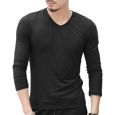 Mens V-Neck Long Sleeve T-Shirts Slim Fit Casual Thermal Workout Shirts Lightweight Soft Baseball Pullover Tops (Large,Black)