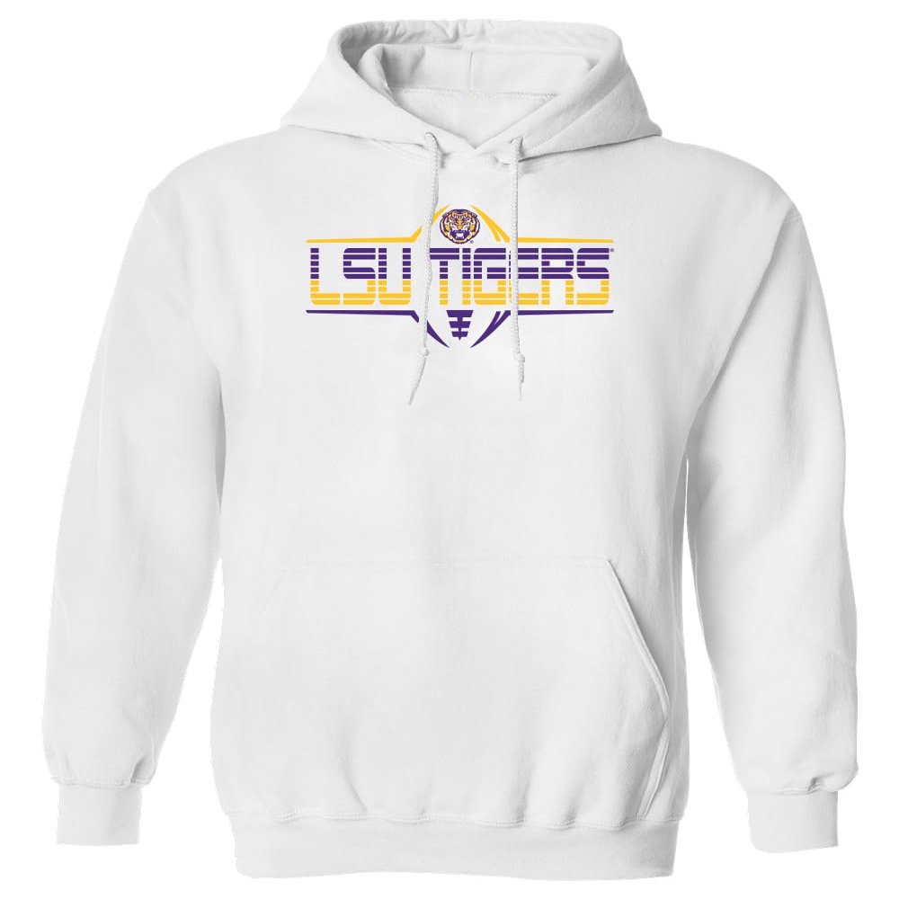 CornBorn LSU Tigers Hoodie Sweatshirt - Hooded Fleece Striped Tigers Football Laces - White - Large