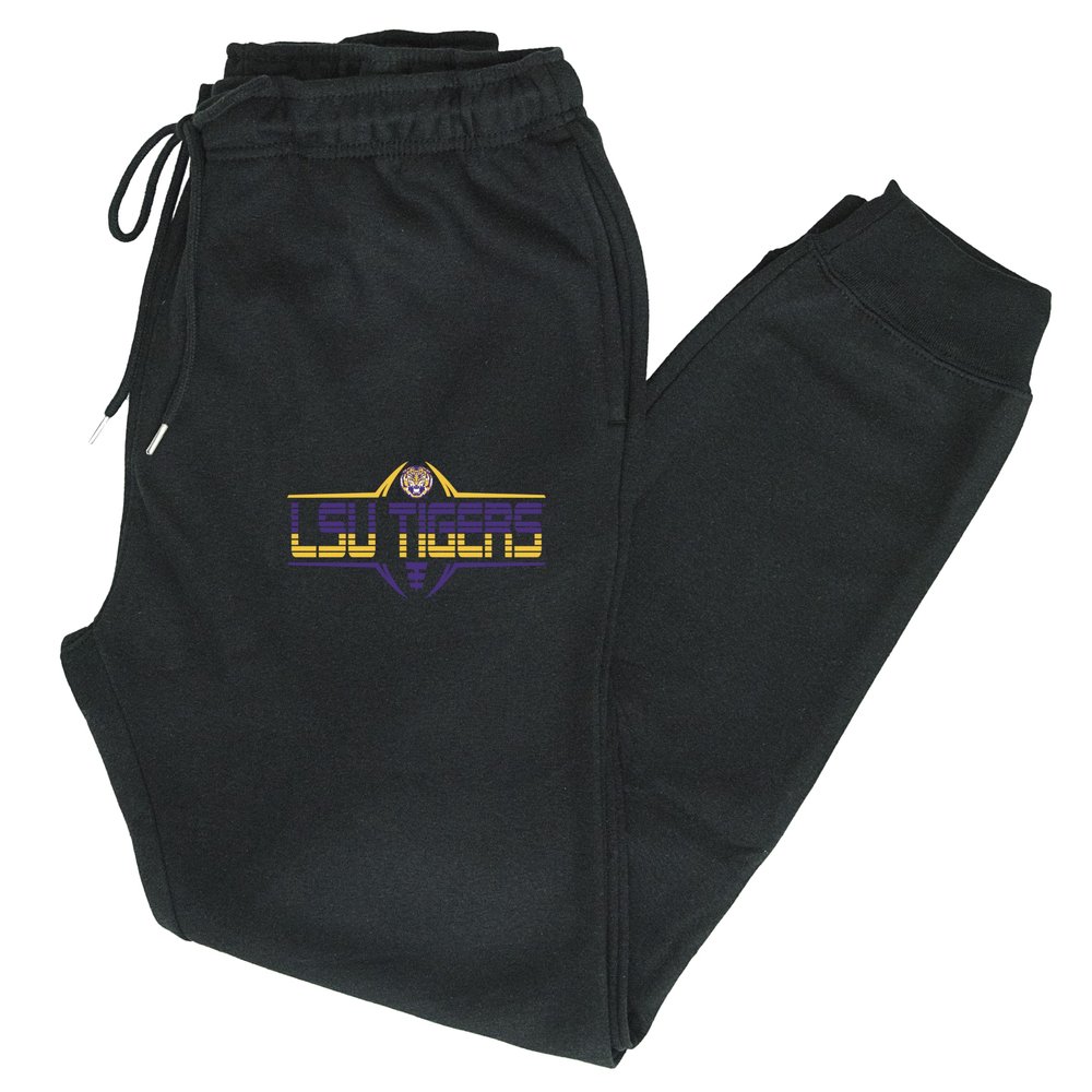 CornBorn LSU Jogger Sweatpants - Premium Fleece Striped Tigers Football Laces - Black - XL