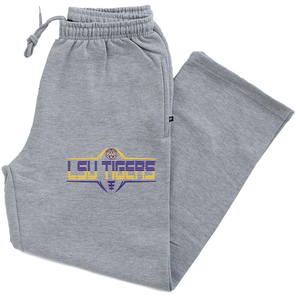 CornBorn Louisiana State University Sweatpants - Premium Fleece Striped Tigers Football Laces - Gray - Medium