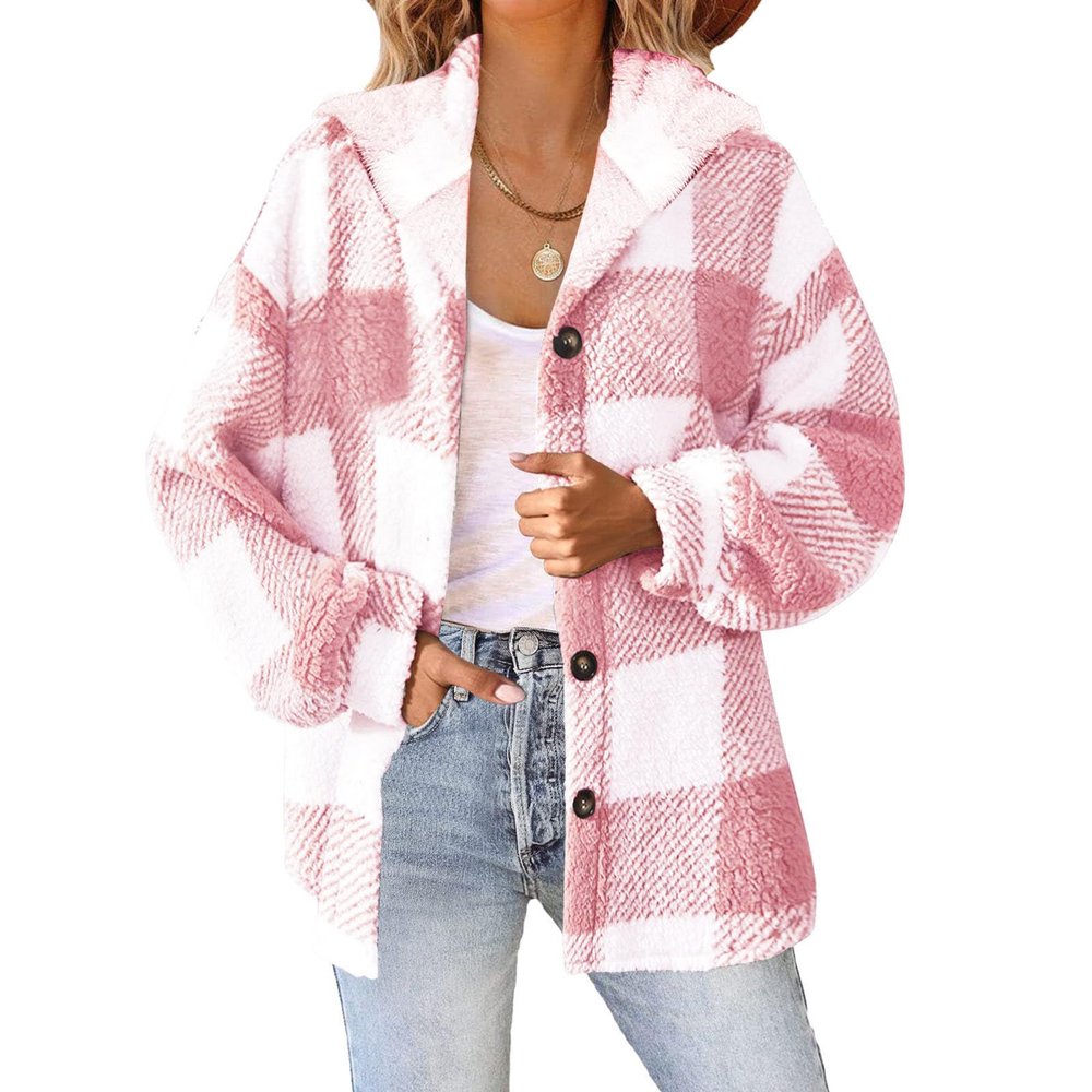 GOHRSHA Womens Plaid Shacket Fleece Sherpa Lined Jackets Hooded Long Sleeve Fuzzy Button Down Cardigan Trendy Winter Coats