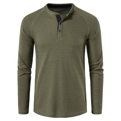 Men's Waffle Crewneck Henley Shirt Lightweight Long Sleeve Stretchy Shirt Classic Pullover Undershirt Sweater (XX-Large,Army Green)