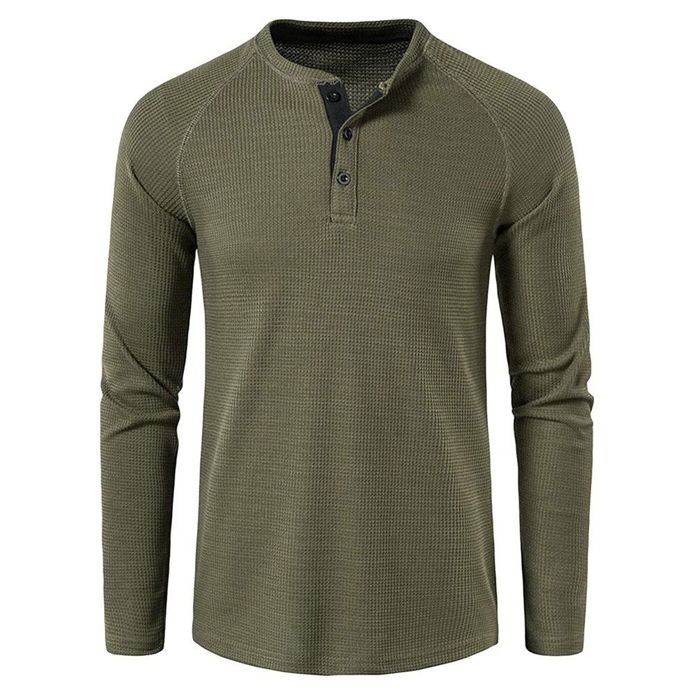Men's Waffle Crewneck Henley Shirt Lightweight Long Sleeve Stretchy Shirt Classic Pullover Undershirt Sweater (XX-Large,Army Green)