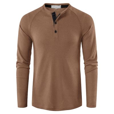 Men's Waffle Crewneck Henley Shirt Lightweight Long Sleeve Stretchy Shirt Classic Pullover Undershirt Sweater (X-Large,Khaki)