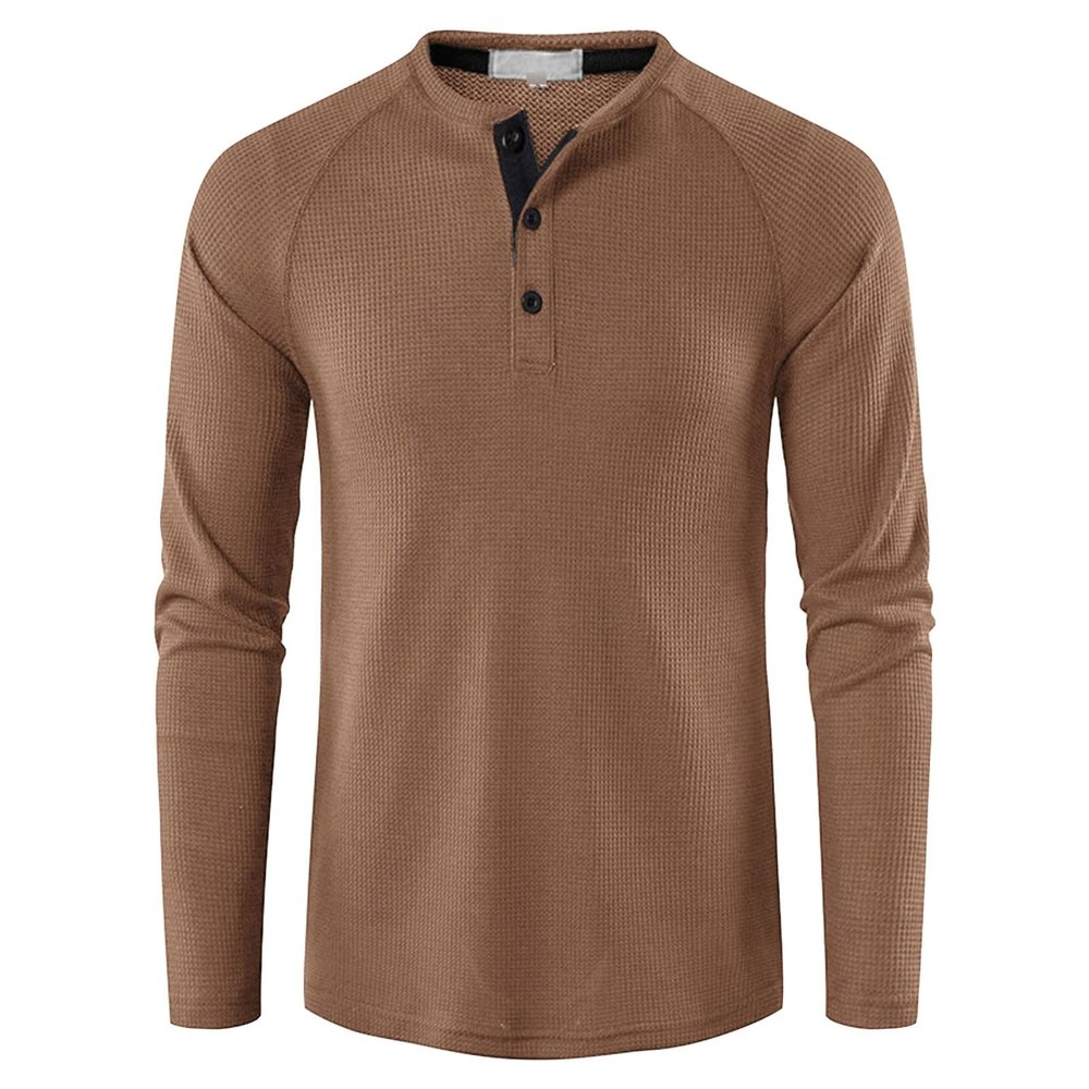 Men's Waffle Crewneck Henley Shirt Lightweight Long Sleeve Stretchy Shirt Classic Pullover Undershirt Sweater (X-Large,Khaki)