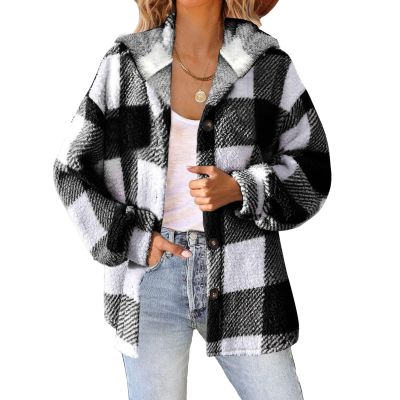 GOHRSHA Womens Plaid Shacket Fleece Sherpa Lined Jackets Hooded Long Sleeve Fuzzy Button Down Cardigan Trendy Winter Coats